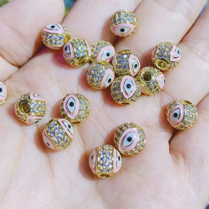 Round Rhinestone Beads 8mm 10mm Evil Eye Enamel Brass 1pc 2