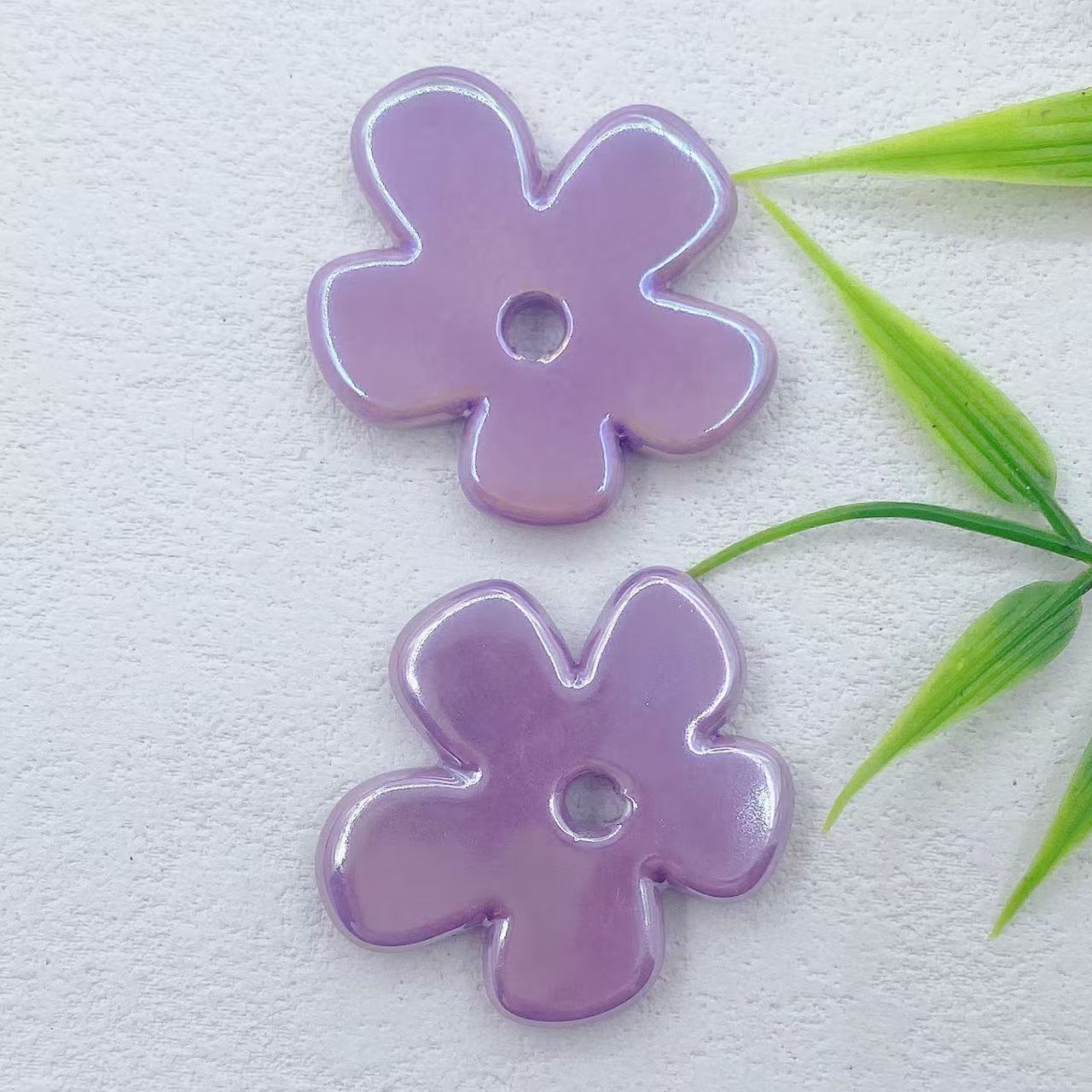 Flat Five-petal Flower Ceramic Beads 36mm Colorful Glazed 10pcs 15