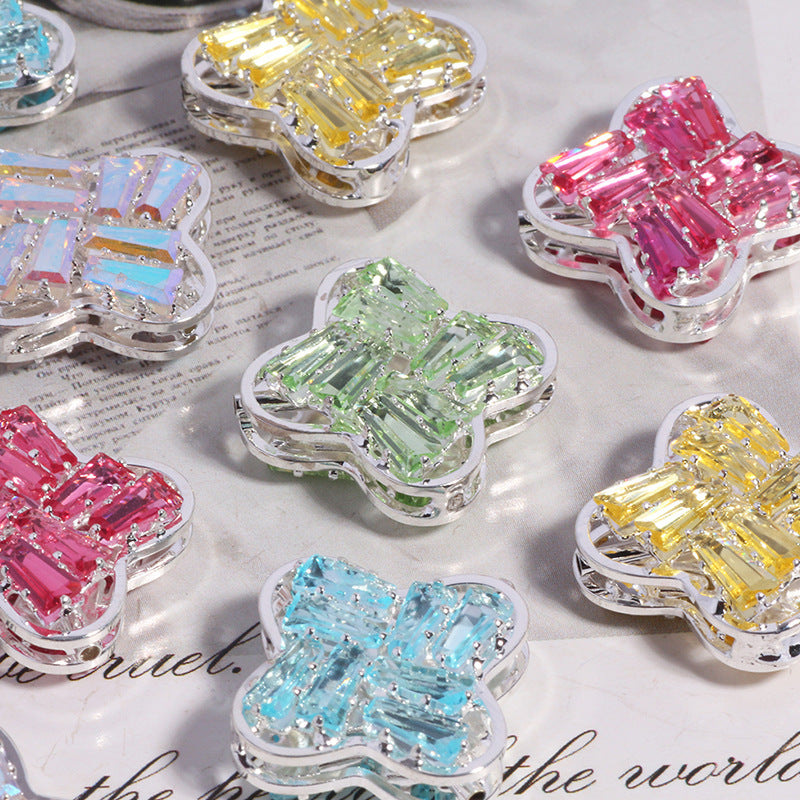 Rhinestone Paved Four-leaf Clover Rhinestone Beads 16mm Alloy 3pcs 3