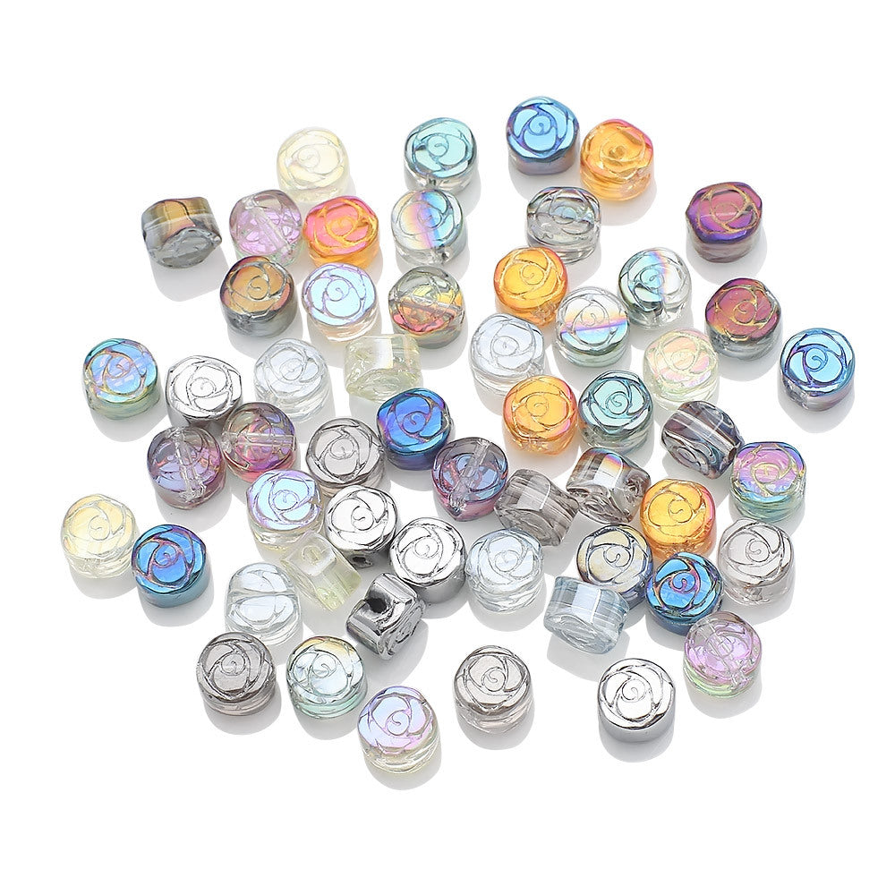 Flat Rose Glass Beads 6mm Iridescent Plating Floral Cube 50pcs 4