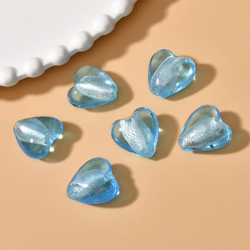 Lampwork Heart Glass Beads 10-20mm Transparent Silver Foil Filled 2pcs 5