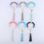 Silicone Beaded Wristlet Keychain with Wooden Beads and Leather Tassel 8cm 2