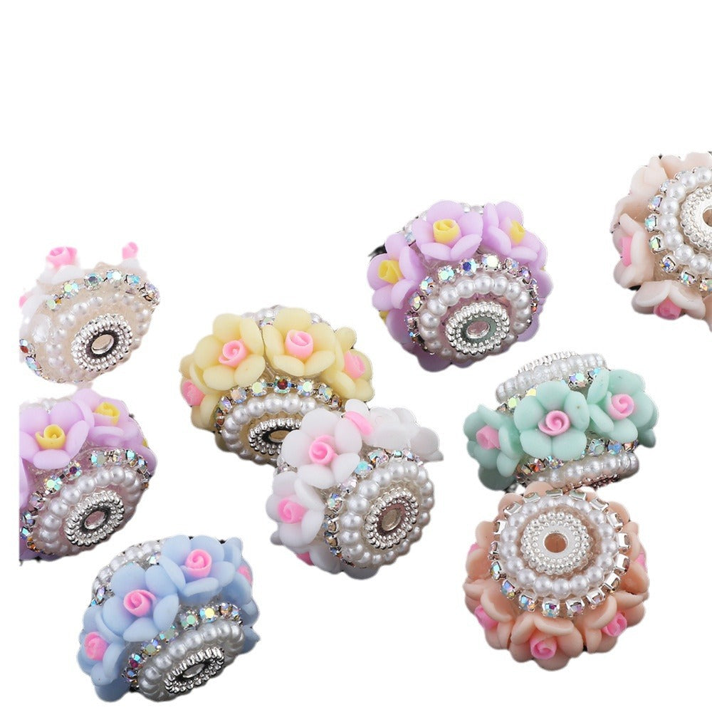 Flower Clay Beads 21mm Pastel Pearl Rhinestone Barrel 10pcs 6
