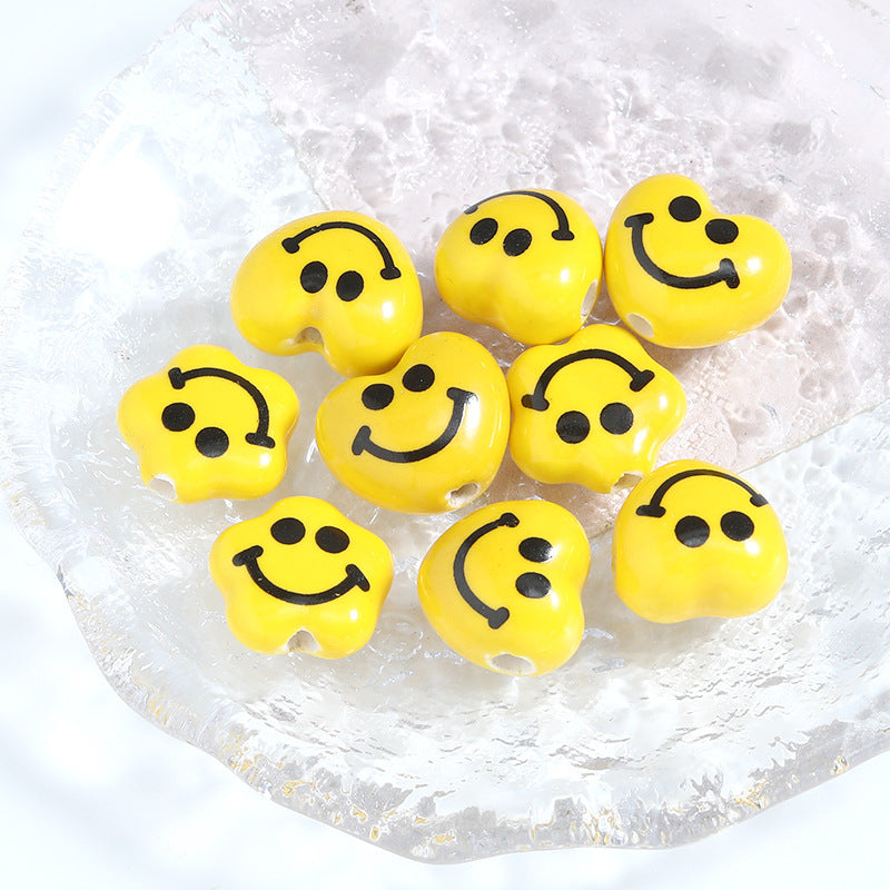 Yellow Smiley Star and Heart Ceramic Beads Glossy 10pcs 4
