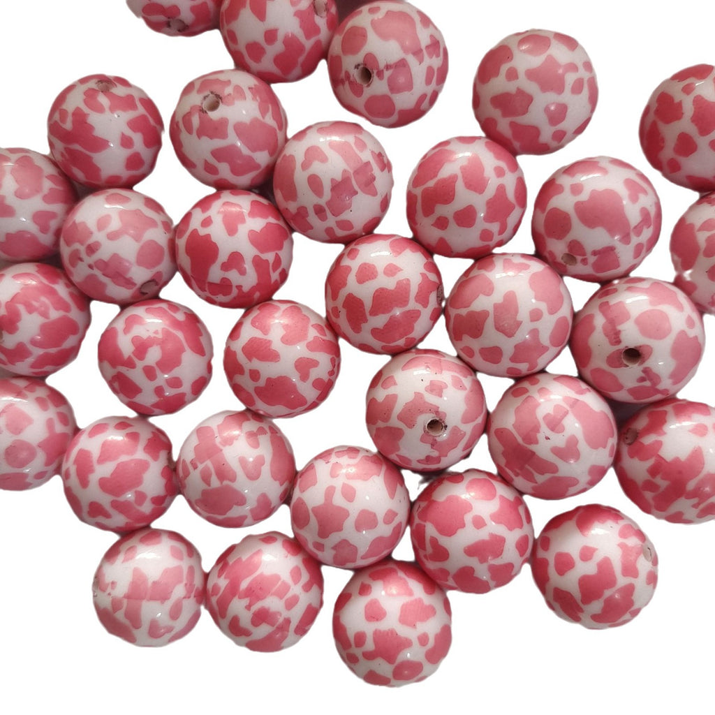 Printed Bubblegum Beads 20mm Pink Cow Pattern Chunky 10pcs 4
