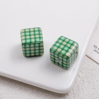 Baking Painted Square Acrylic Beads 14mm Plaid Colorful 50pcs 10