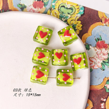 Lampwork Glass Beads Square 15mm Hand Painted Dotted Heart 10pcs 8
