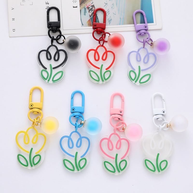 Acrylic Flower Keychain Colorful Tulip Design with Frosted Sphere Charm