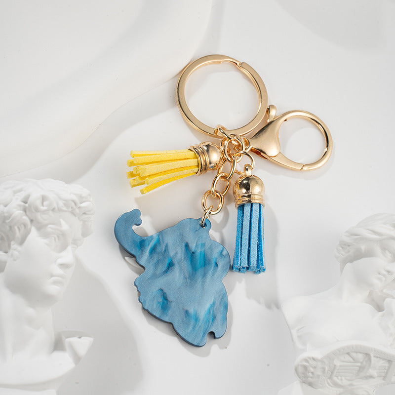 Metal Elephant Keychain Blue Marble Finish with Golden Tassels 3