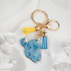 Metal Elephant Keychain Blue Marble Finish with Golden Tassels 3