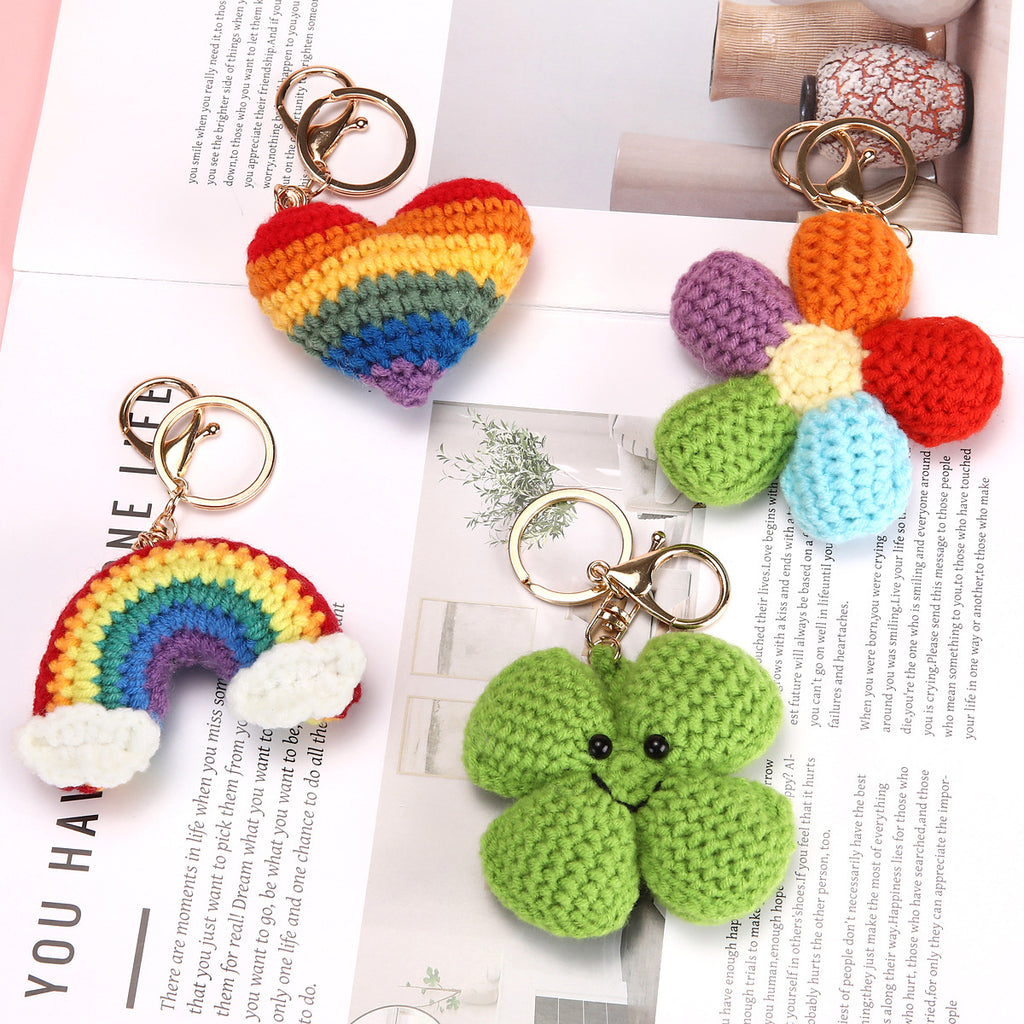 Crochet Rainbow Keychain Handmade Yarn Charm with Colorful Shapes