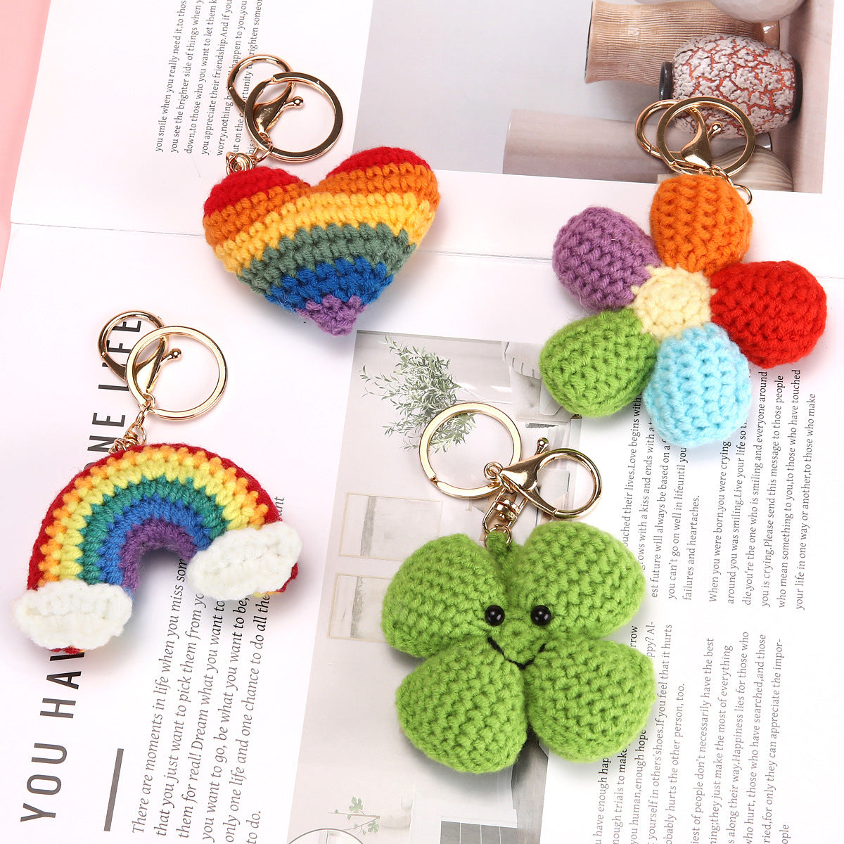Crochet Rainbow Keychain Handmade Yarn Charm with Colorful Shapes