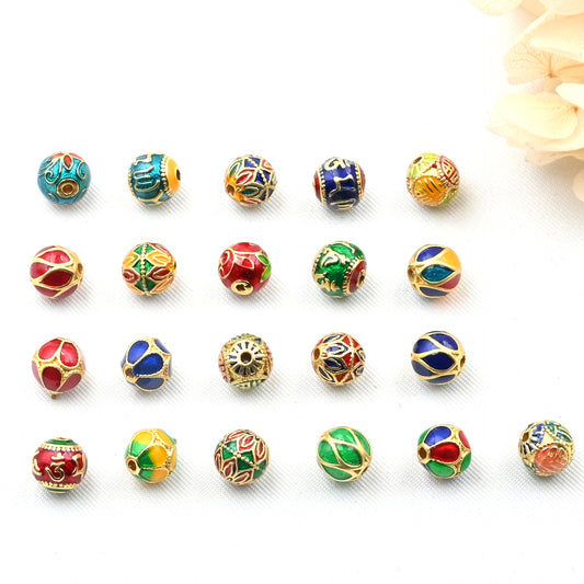 Brass Round Metal Beads 6mm Colorful Enamel Vintage 5pcs
