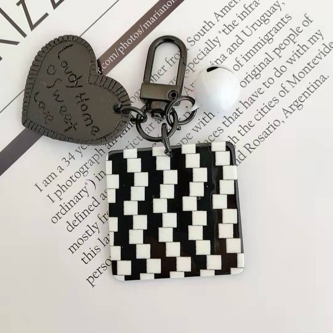 Cartoon Acrylic Plaid Striped Heart Leather Keychain Monochrome Design 16