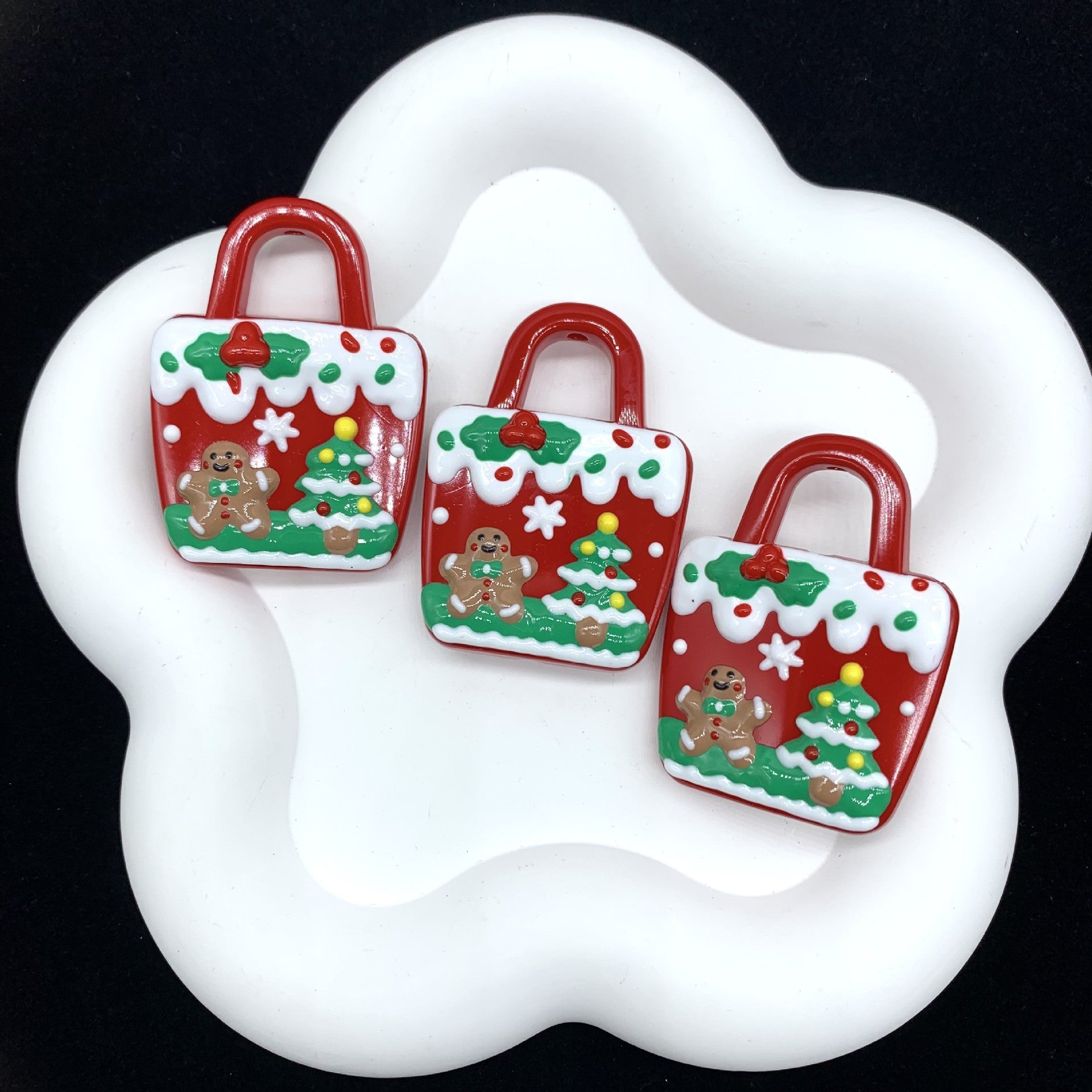 Hand Painted Christmas Bag Acrylic Beads 37x50mm Enamel Detail 2pcs 4