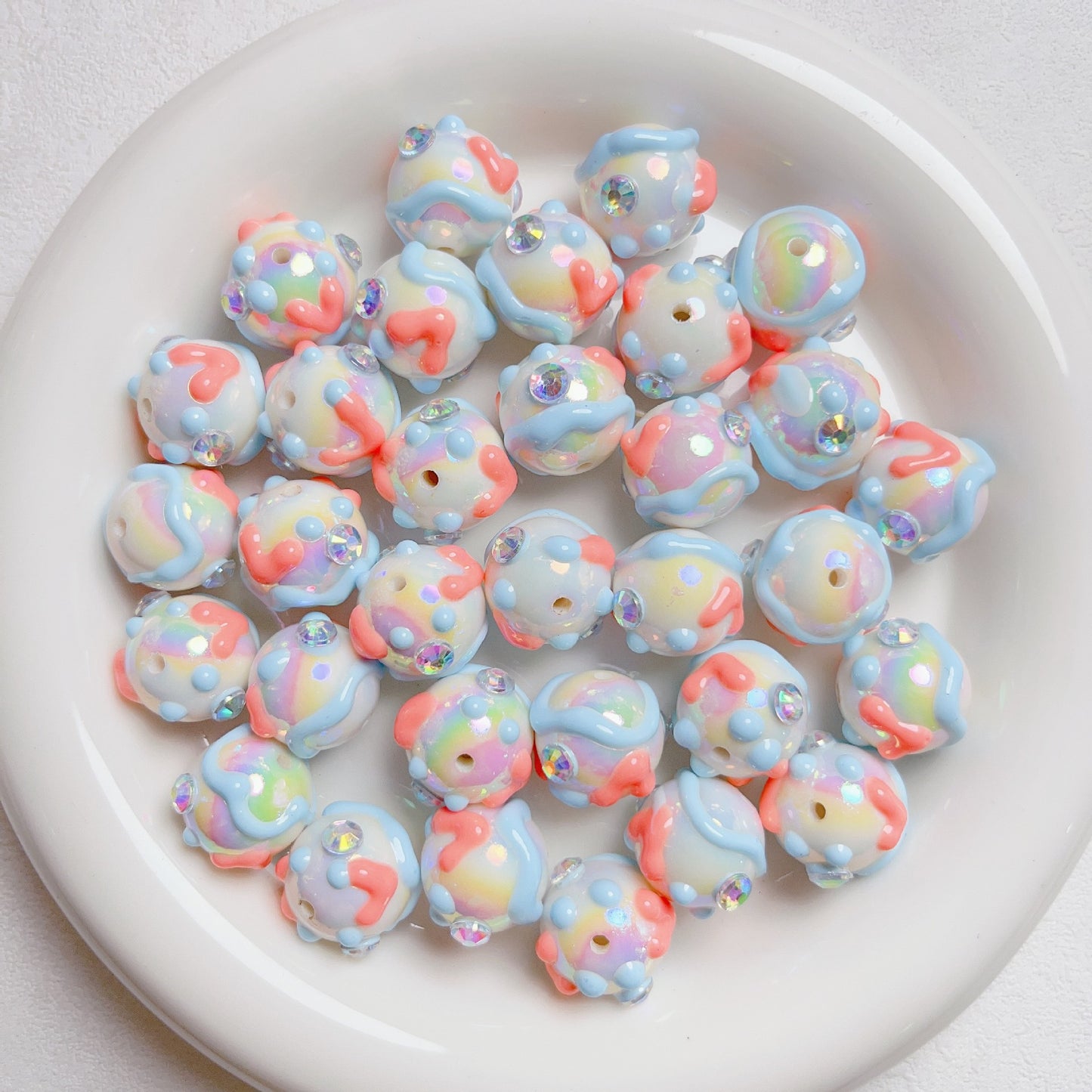 Hand Painted Rhinestone Flower Acrylic Round Beads 16mm 5pcs 17