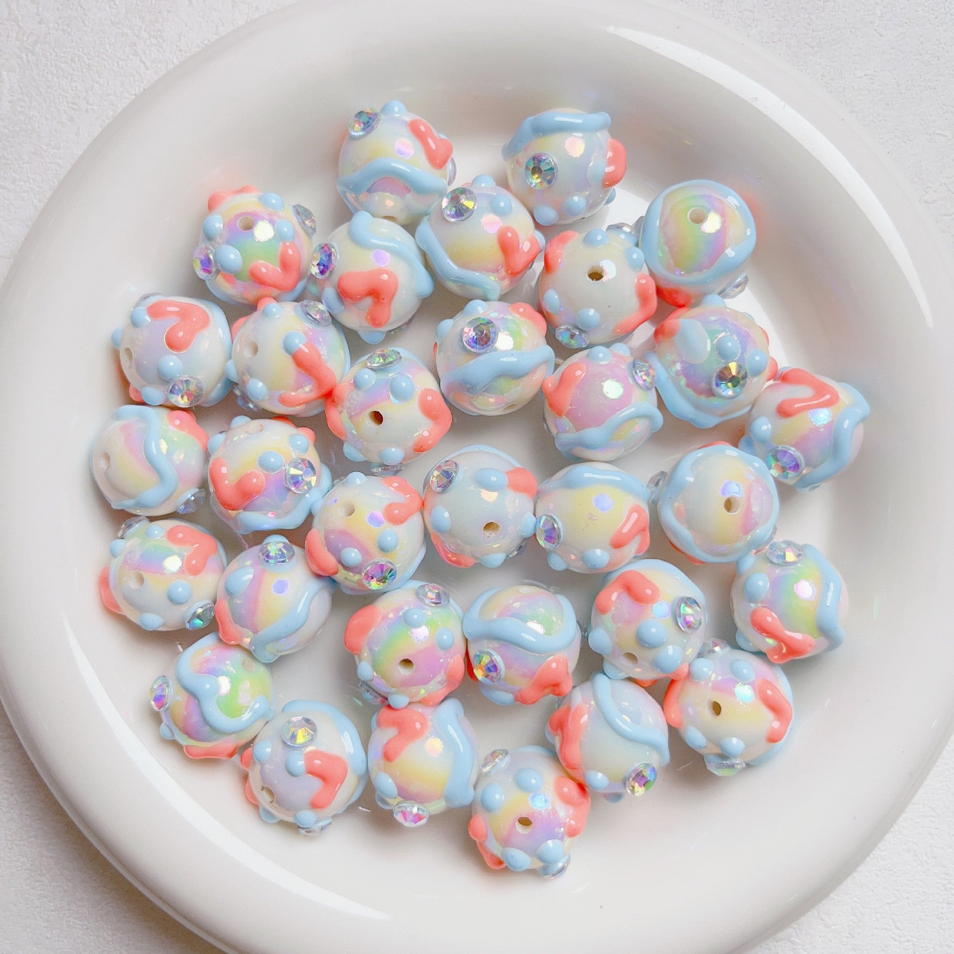 Hand Painted Rhinestone Flower Acrylic Round Beads 16mm 5pcs 17