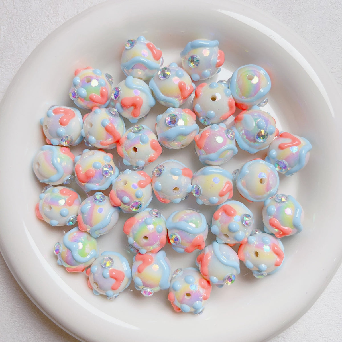 Hand Painted Rhinestone Flower Acrylic Round Beads 16mm 5pcs 17