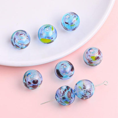 Hand Painted Hollow Polka Dotted Blown Glass Beads 14mm 4pcs 12