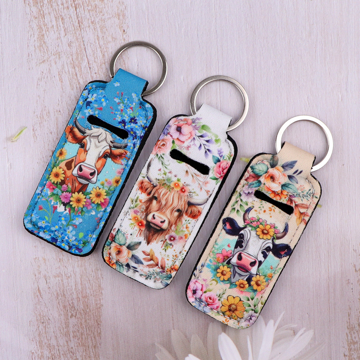 Highland Cow Pattern Chapstick Holder Neoprene Functional Keychain 3pcs 3