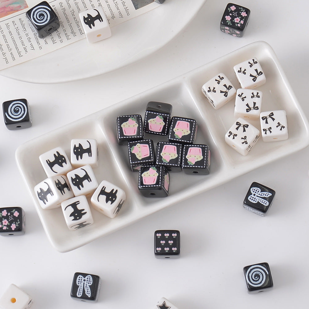 Acrylic Square Beads 14mm Black and White Tone 10pcs