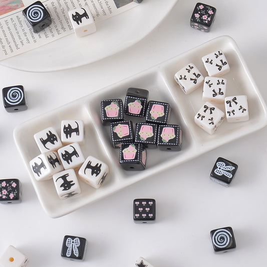Acrylic Square Beads 14mm Black and White Tone 10pcs