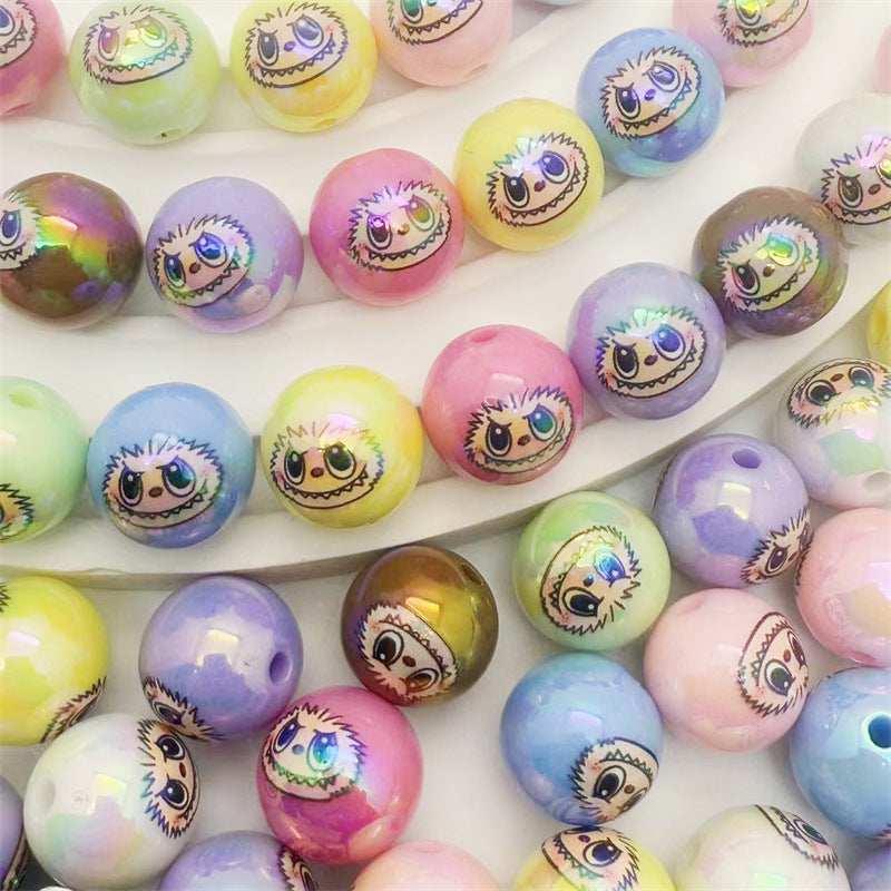 Plating Labub Head Printed Acrylic Beads 16mm Metallic Pastel 100pcs