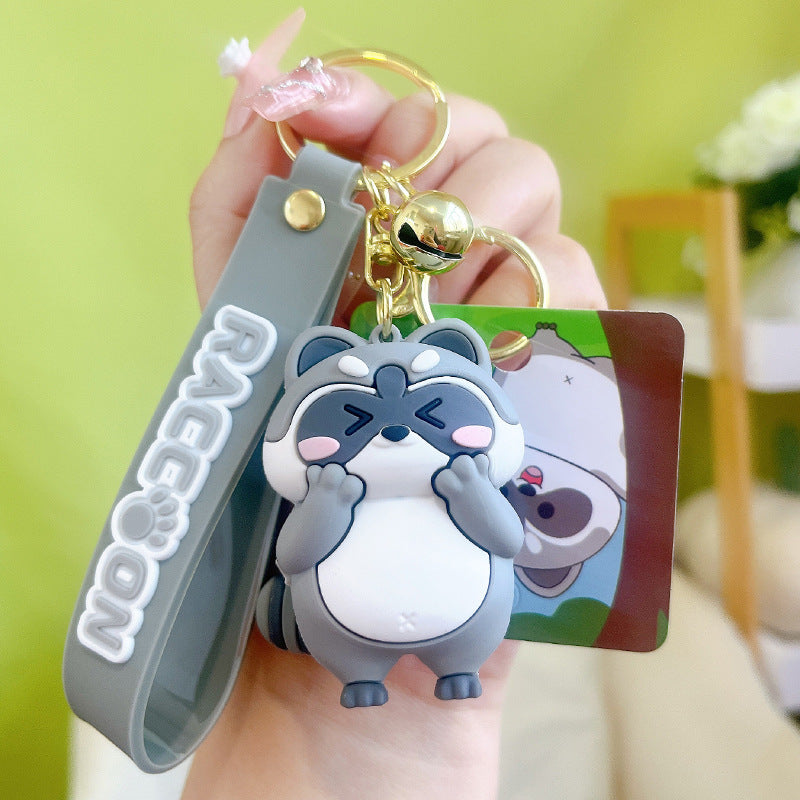 PVC Cute Raccoon Keychain Gray Soft Tone With Jingle Bell 6