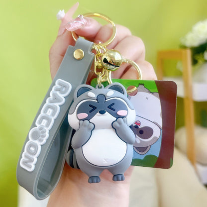 PVC Cute Raccoon Keychain Gray Soft Tone With Jingle Bell 6
