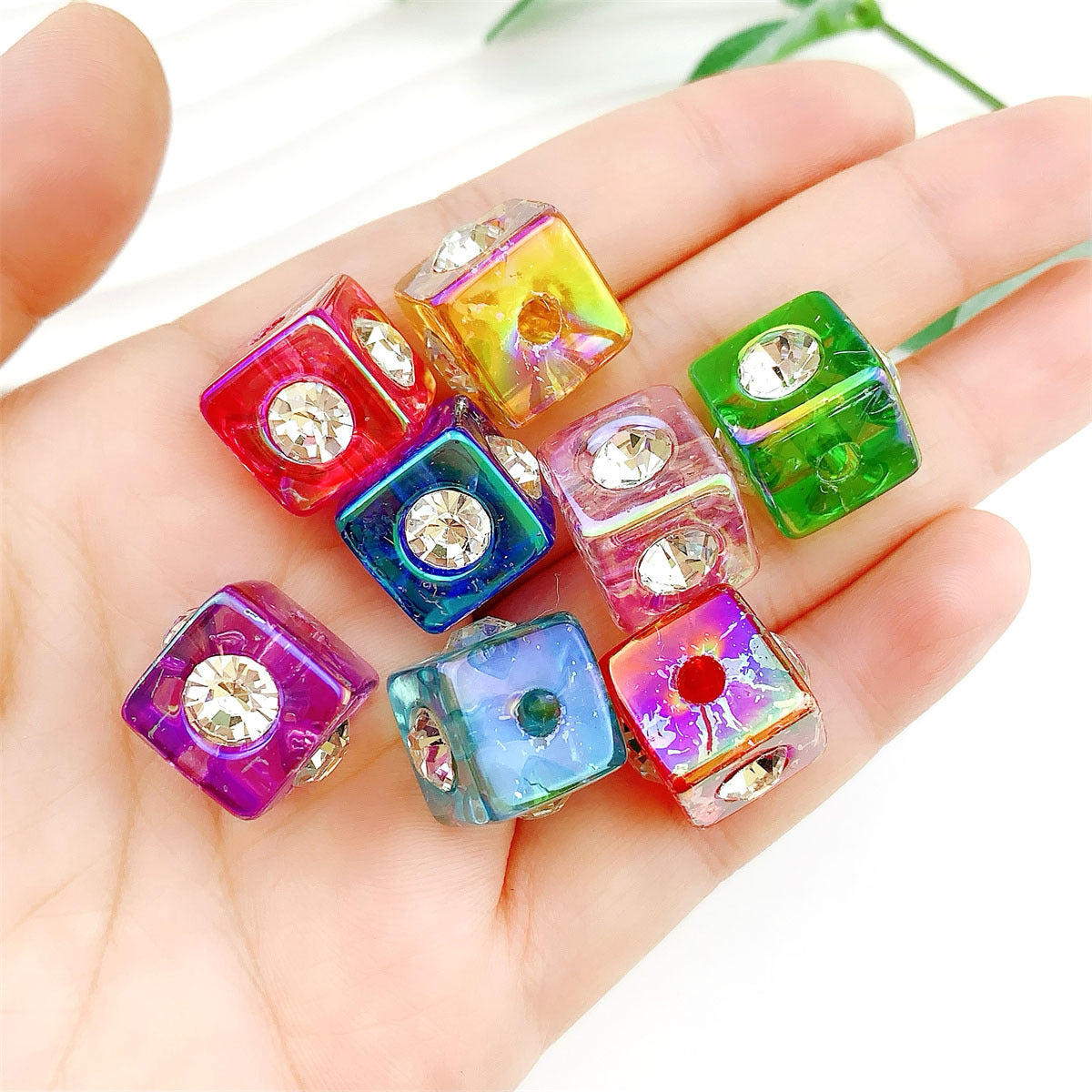UV Plating Square Acrylic Beads 16mm Solid Color Rhinestone Embedded 20pcs 4