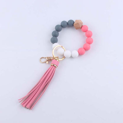 Octagonal Silicone Bead Wristlet Keychain Matte Beech Wood Tassel 8