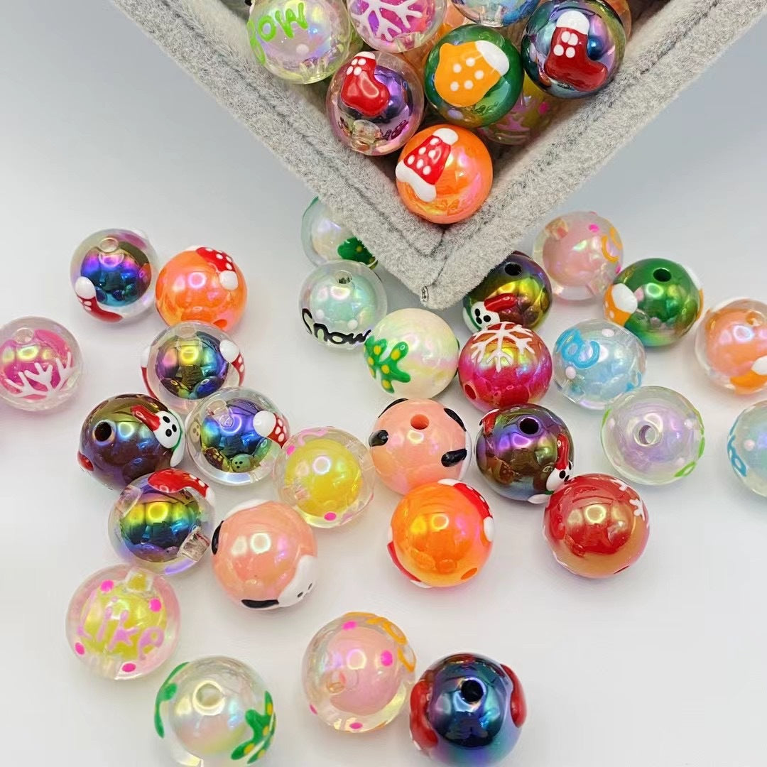 Hand Painted Snowman Acrylic Beads 16mm Glossy Plated 2pcs 3