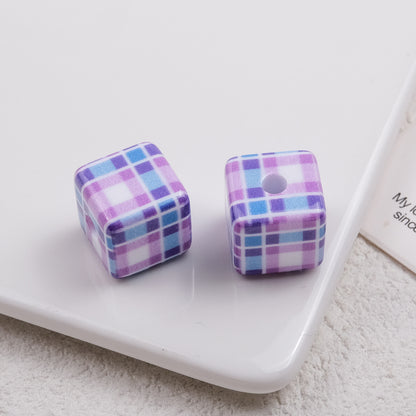 Baking Painted Square Acrylic Beads 14mm Plaid Colorful 50pcs 8