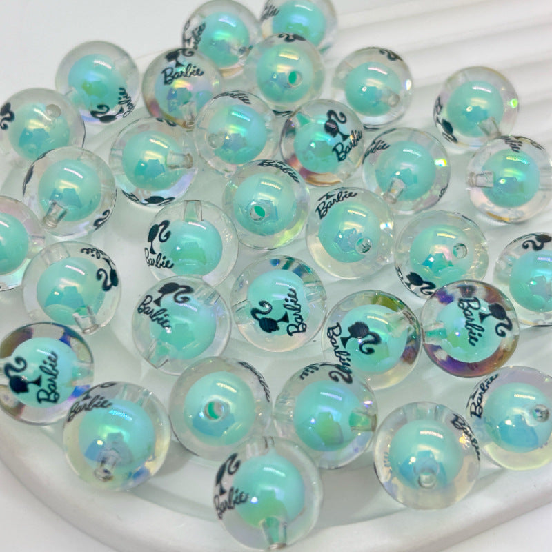 Plating Acrylic Beads 16mm Barbie Printed Colorful Mixed 50pcs 9