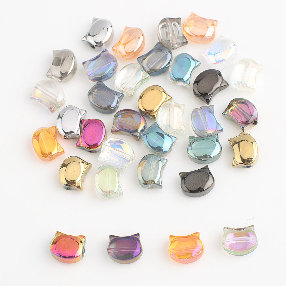 Plating Flat Cat Head Glass Beads 8mm x 10mm Iridescent Colors 30pcs 25