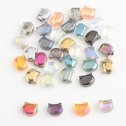 Plating Flat Cat Head Glass Beads 8mm x 10mm Iridescent Colors 30pcs 25