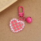 Acrylic Heart Keychain Vibrant Love Grid Checkerboard with Bell Charm 6