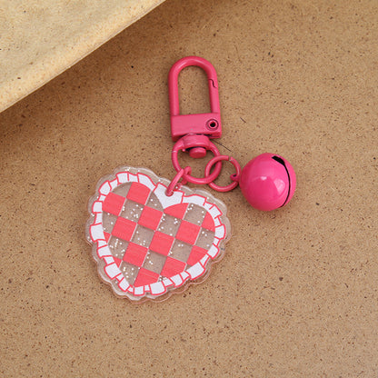 Acrylic Heart Keychain Vibrant Love Grid Checkerboard with Bell Charm 6