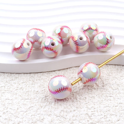 Plating Round Acrylic Beads 16mm UV Sports Ball Pattern 20pcs 9