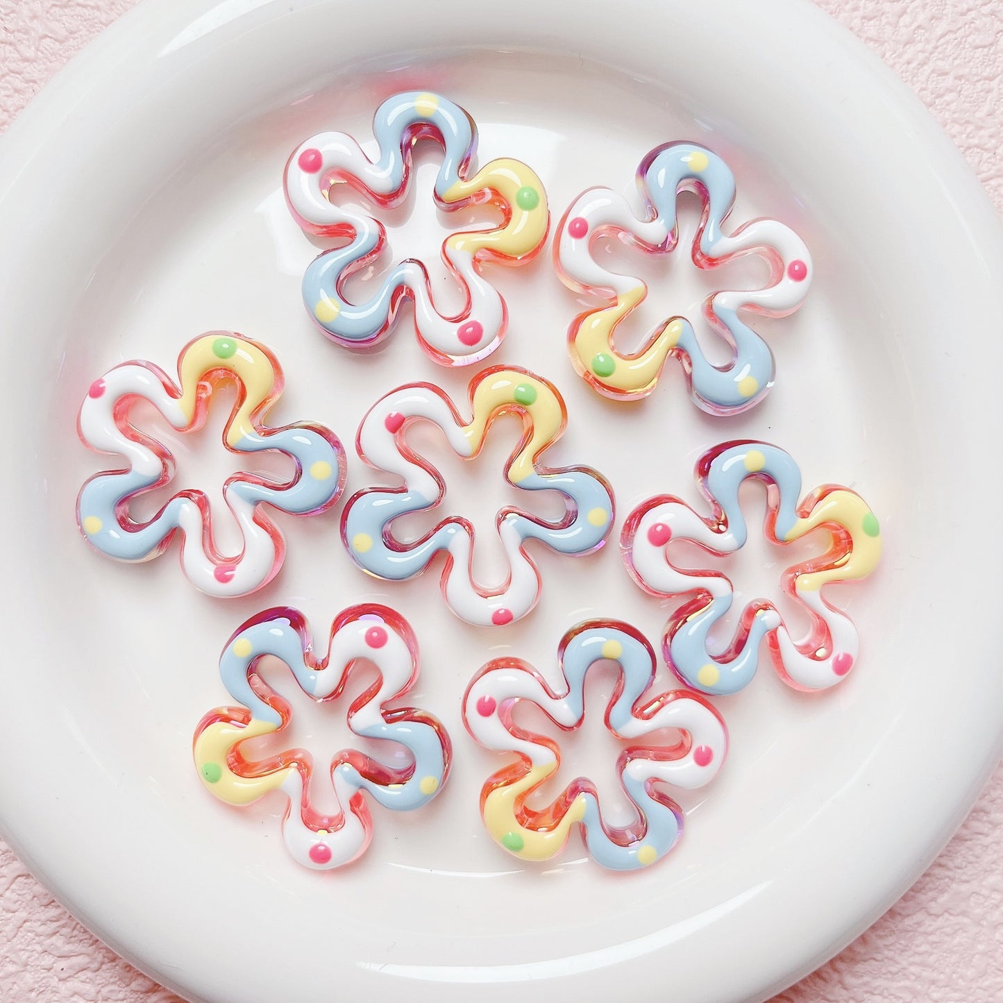 Hand Painted Flower Acrylic Beads 34mm Pastel Wave Dot 5pcs 4
