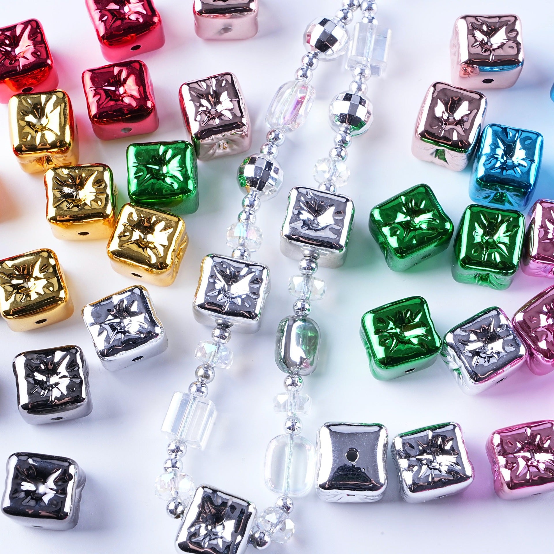 Metallic Balloon Concave Square Acrylic Beads 14mm Glossy 50pcs