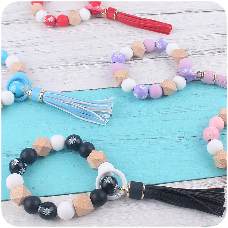 Daisy Tassel Silicone Beaded Wristlet Keychain Colorful Charm 4