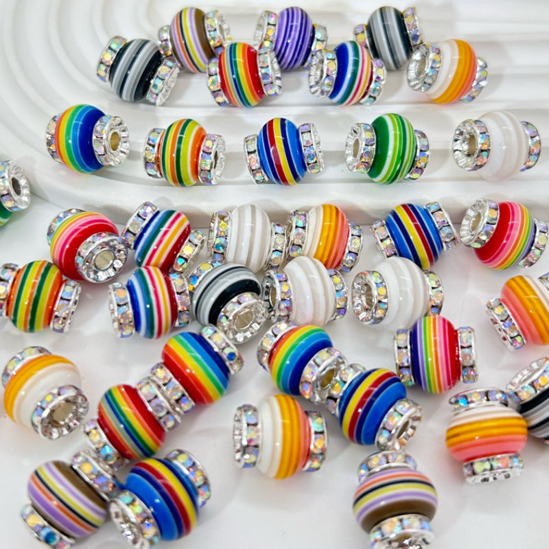Lantern Rhinestone Beads 14mm Rainbow Striped Resin 50pcs 6