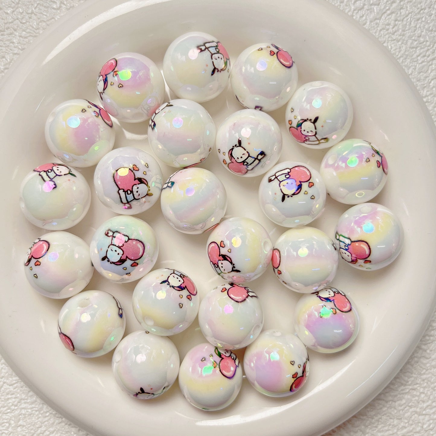 Plated Bubblegum Beads 19mm White Iridescent Sanri Character Prints 5pcs 9