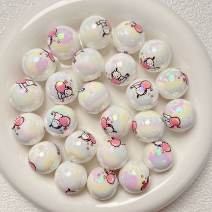 Plated Bubblegum Beads 19mm White Iridescent Sanri Character Prints 5pcs 9