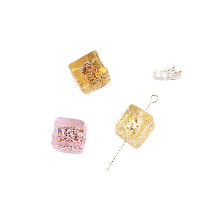 Lampwork Glass Beads Cube 10mm Silver Foil Confetti 4pcs 5