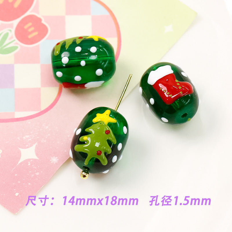 Lampwork Glass Beads Oval Cylindrical Hand Painted Christmas Theme 10pcs 12