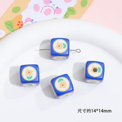 Plaid Sunflower Square Acrylic Beads 14mm Colorful Floral 10pcs 23