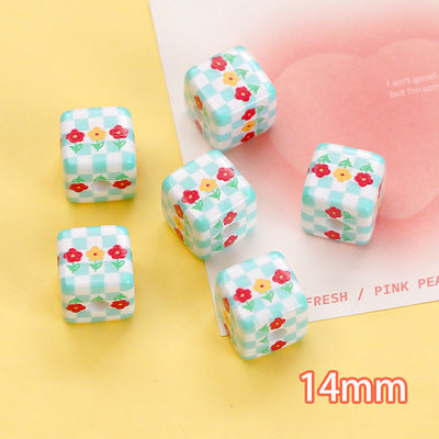 Plaid Sunflower Square Acrylic Beads 14mm Colorful Floral 10pcs 8