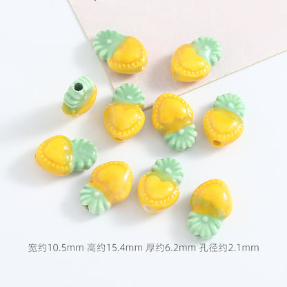 Hand Painted Heart Pineapple Ceramic Beads 15mm Glossy Pastel 10pcs 8